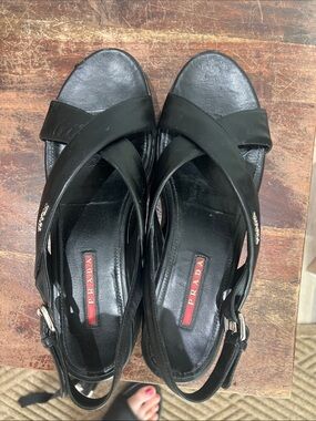 Prada Black Leather Crisscross Slingback Sandals